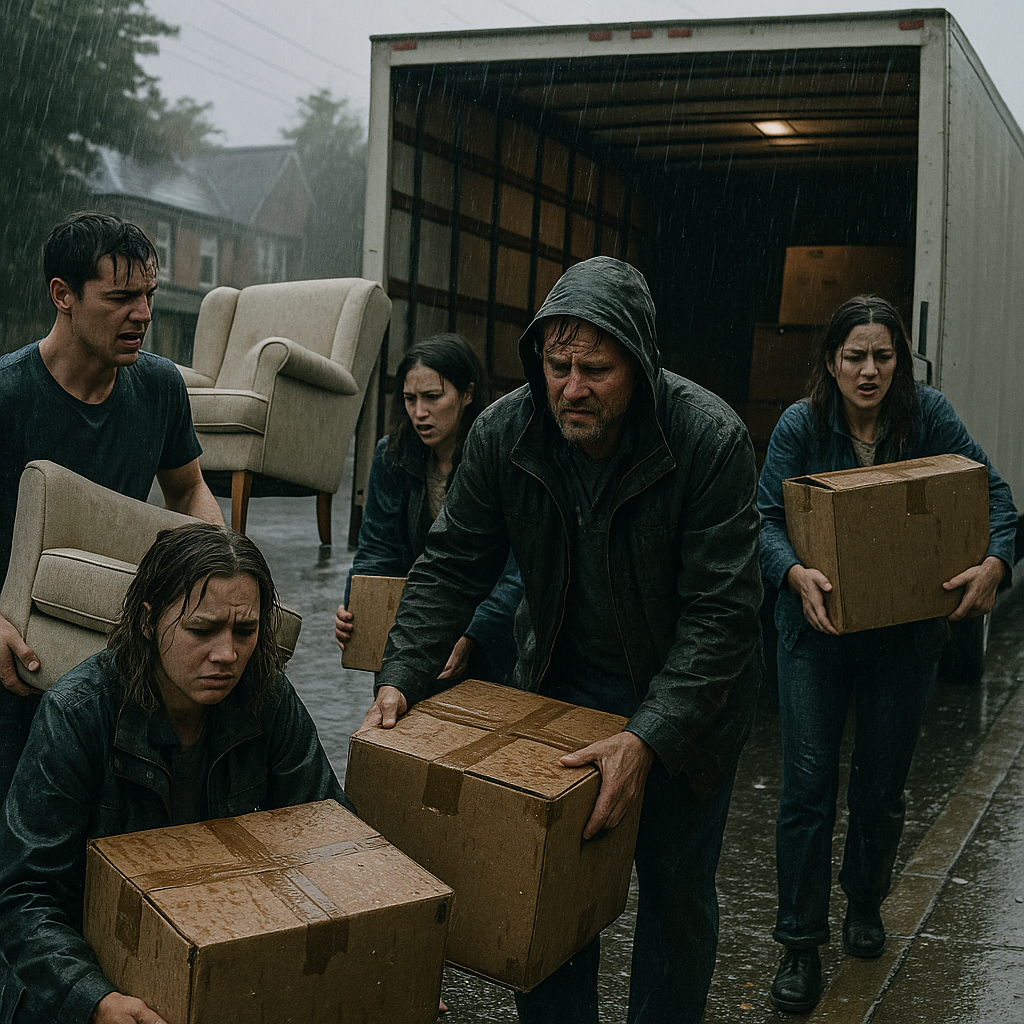 A group of people moving furniture into a moving truck on a rainy street Everyone looks miserable and frustrated soaked from the rain carrying heavy boxes and furniture Grey skies puddles on the ground wet cardboard boxes and tense body language Cine